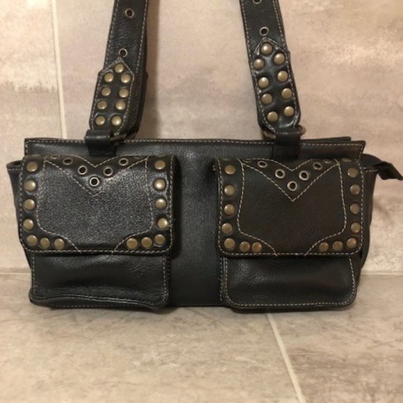 Esprit Handbags - Vintage Black Leather Studded Shoulder Bag